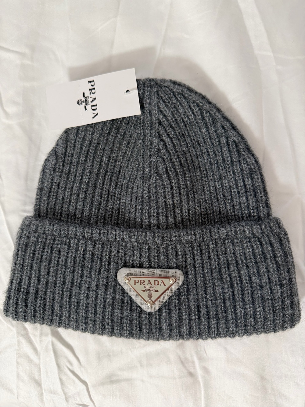 Gray Ribbed Knit Beanie with Triangle Logo